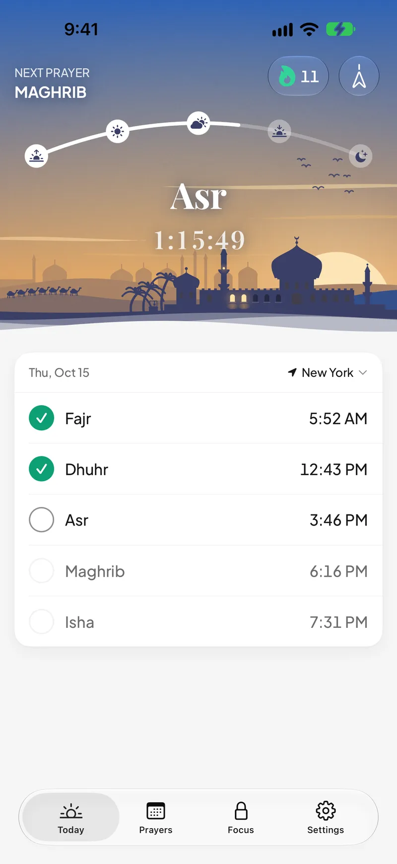 Today: the Asr sky with the time left, and the day's five prayers with check marks